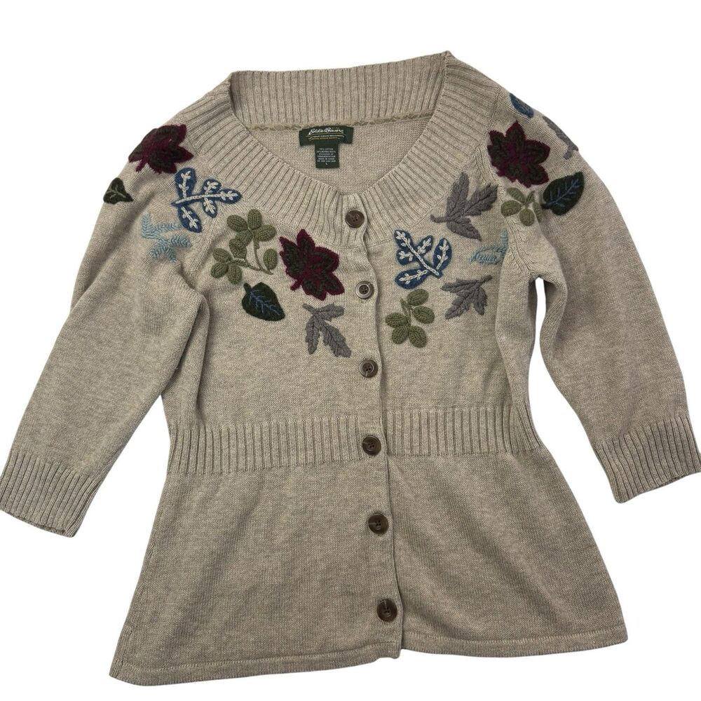 Eddie Bauer Wool Blend Embroidered Sweater Women Large 3/4 Length Sleeve